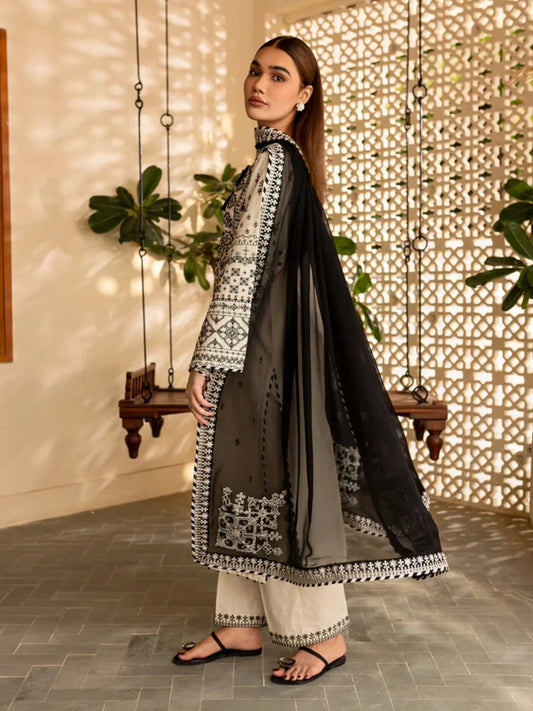Black-Silai Libas Linen Embroidered Stitched 3-Piece Suit-Arfa