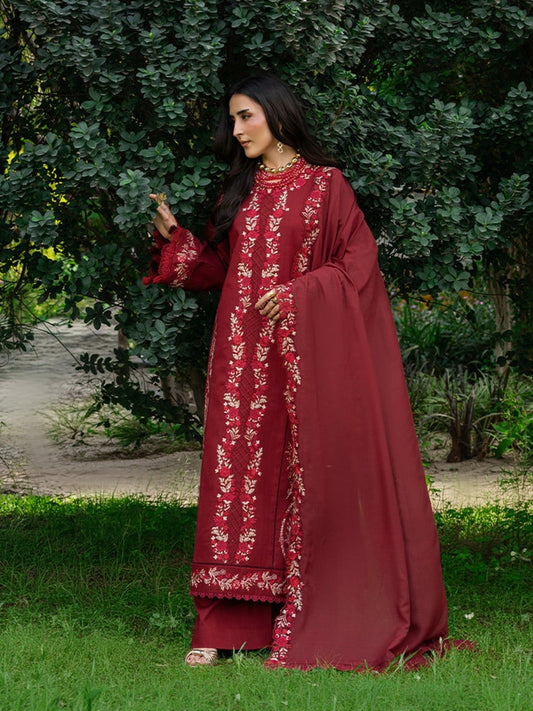 Maroon Mahnur Amaya Lawn'26 Embroidered Unstitched 3-Piece Suit-MU-09