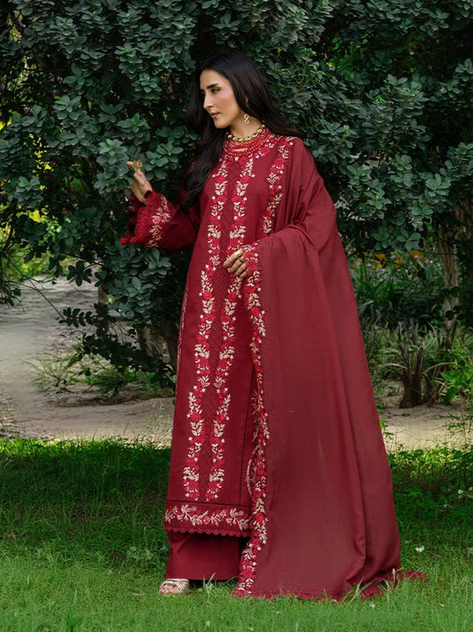 Maroon Mahnur Amaya Lawn'26 Embroidered Stitched 3-Piece Suit-MU-09