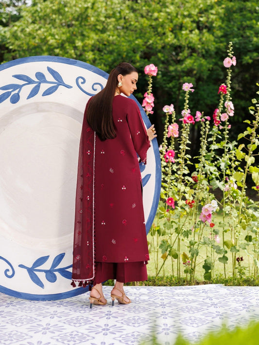 Maroon-Mahnur Morbagh Luxury Lawn'26 Embroidered Stitched 3-Piece Suit-M-13