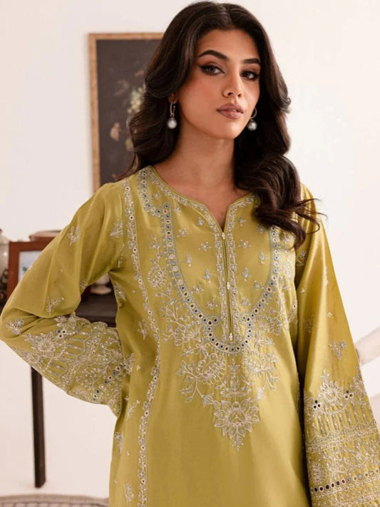 Yellow-Khubsurat Libas Linen Embroidered Stitched 2-Piece Suit-Hina