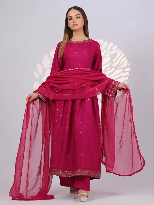 Pink MAK Fashion Noor Luxe Raw Silk Embroidered Stitched 3-Piece Suit-Royal Crimson