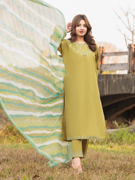Green MAK Fashion Isra Lawn Drop'1 Embroidered Stitched 3-Piece Suit-Rubina
