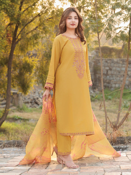 Yellow MAK Fashion Isra Lawn Drop'1 Embroidered Stitched 3-Piece Suit-Wanya