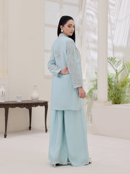 Ice Blue-Ruby's Couture Noor-e-Zar Shesha Silk Embroidered Stitched 3-Piece Suit-Gohar