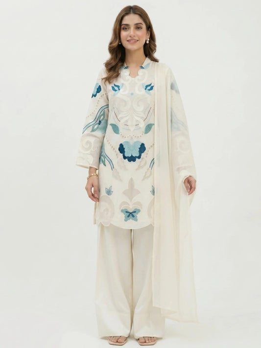 White-Duas Boutique Lawn Embroidered Stitched 3-Piece Suit-Chandni