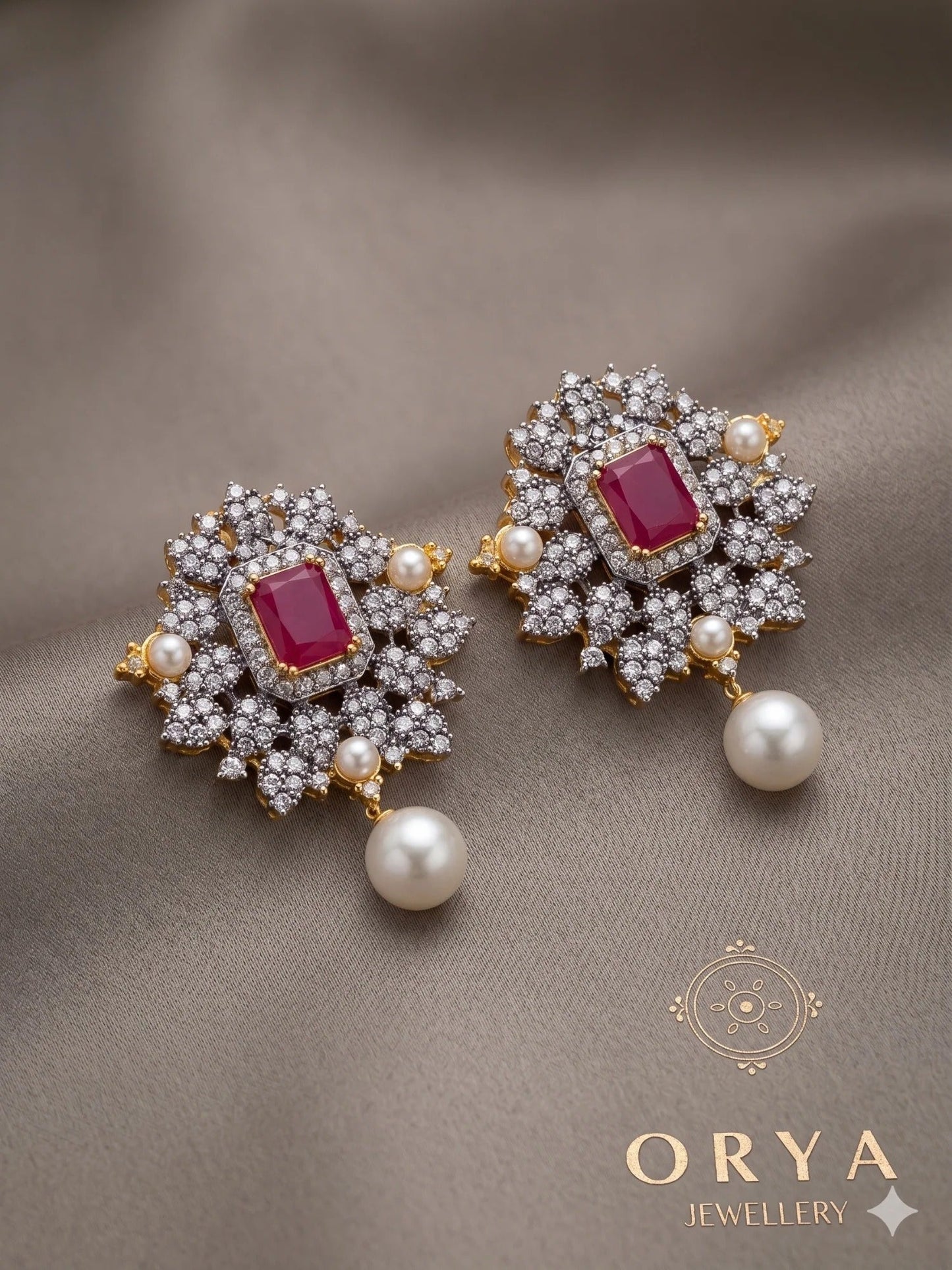 Orya Jewellery Zircon Pearl Stud Earrings-Ruby Pink