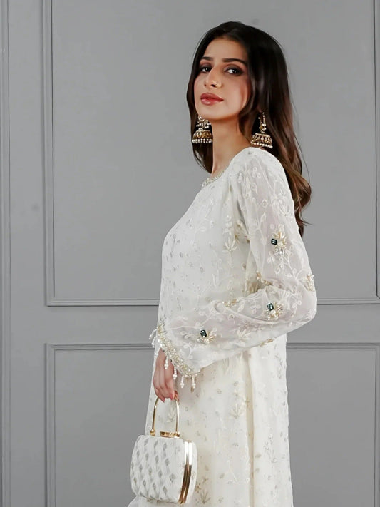 Ivory Manahil Arts Chiffon Embroidered Stitched 3-Piece Suit-Pure Ivory Dreams