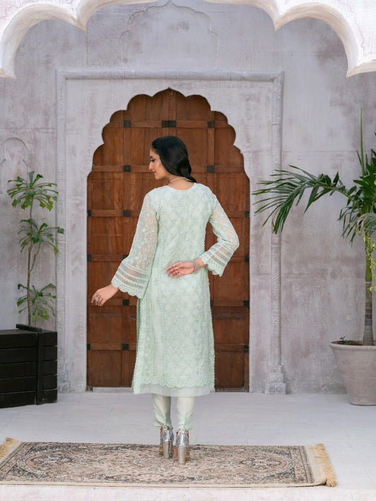 Mint Green Manahil Arts Chiffon Embroidered Stitched 3-Piece Suit-Mint Blossom