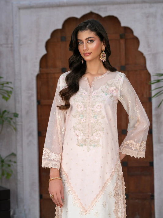 Ivory Manahil Arts Khaddi Net Embroidered Stitched 3-Piece Suit-Blushing Éclat