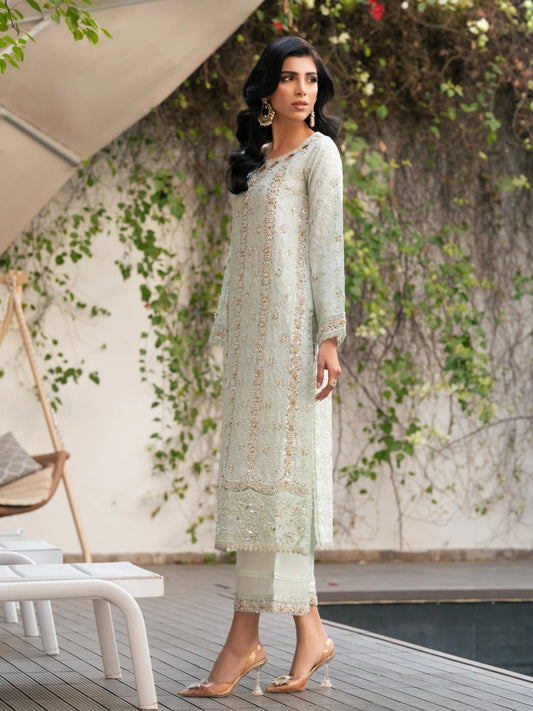 Mint green Manahil Arts Viscose Tassel Silk Embellished Stitched 3-Piece Suit-Mint Enchant