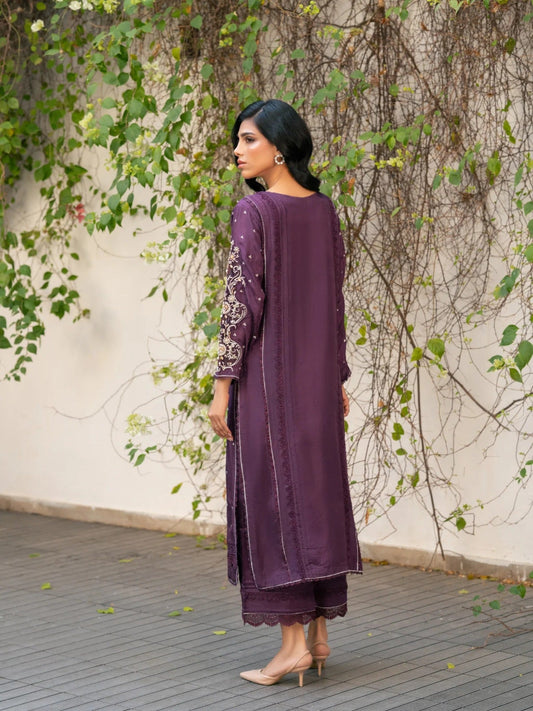 Purple Manahil Arts Viscose Silk Embroidered Stitched 3-Piece Suit-K-263-Purple