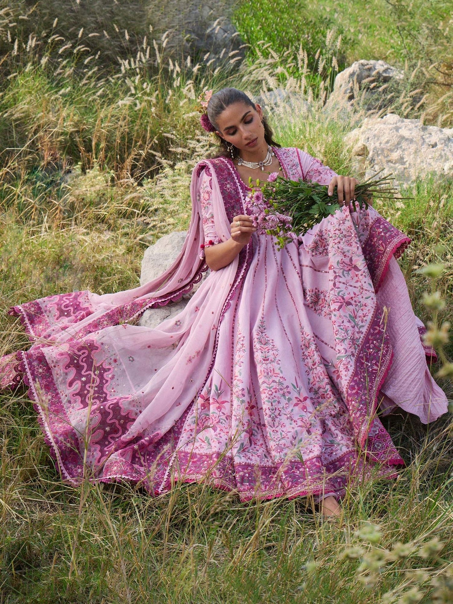 Pink Hussain Rehar Jinan'26 Lawn Embroidered Unstitched 3-Piece Suit-Marjan