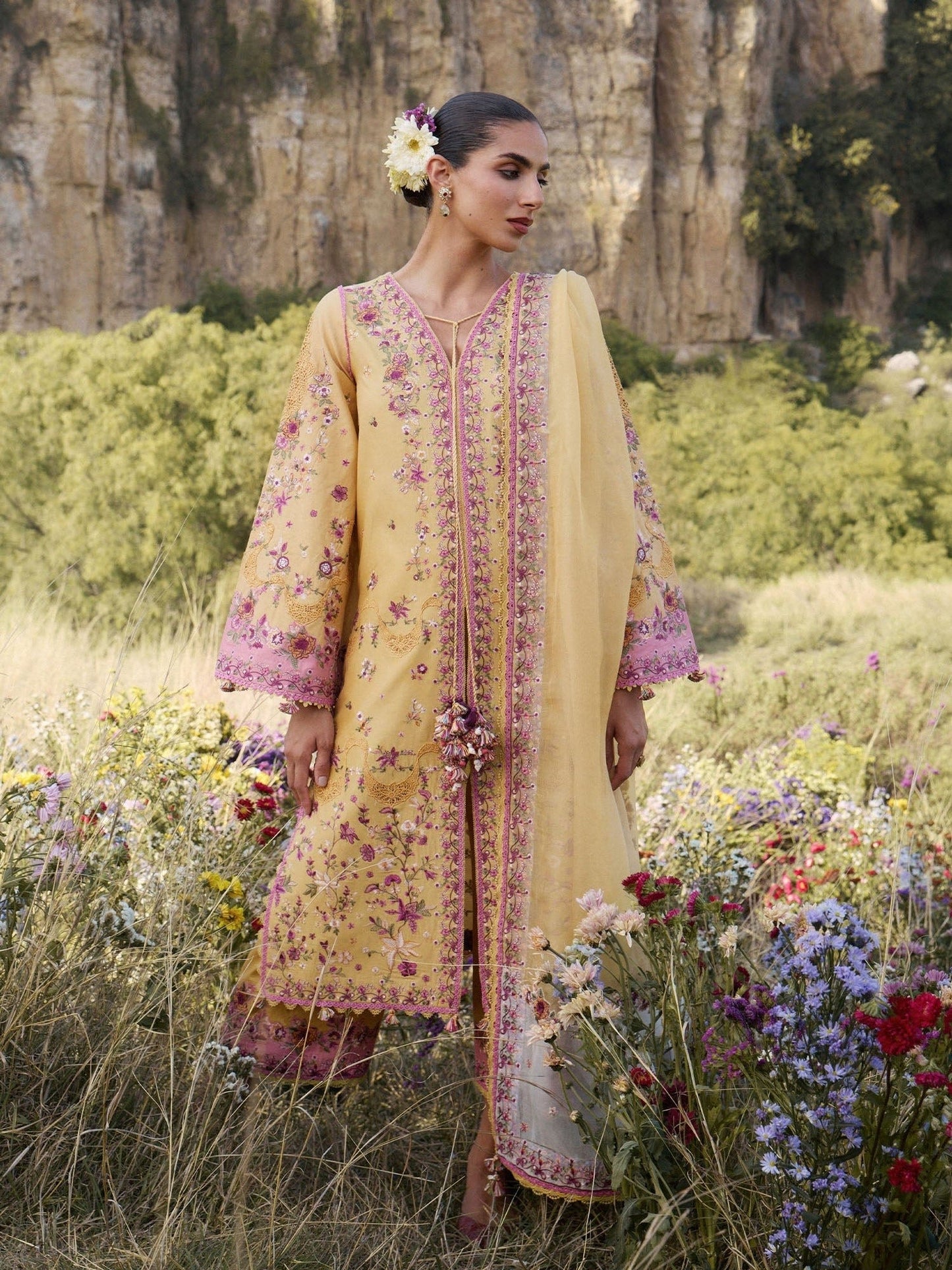 Yellow-Hussain Rehar Jinan'26 Lawn Embroidered Unstitched 3-Piece Suit-Sonal