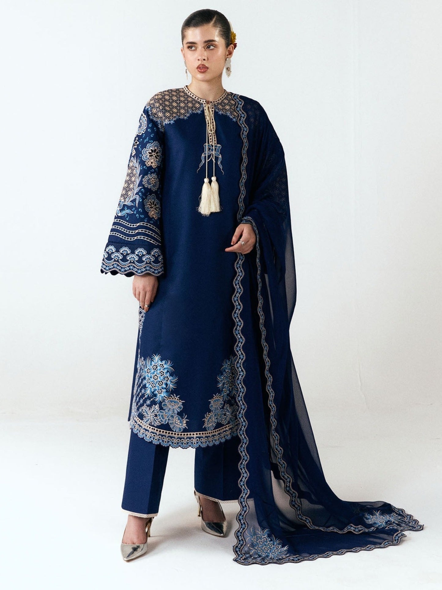Blue-Jugnu By Hussain Rehar SS26 Edit III Cotton Embroidered Unstitched 3-Piece Suit-Tiva
