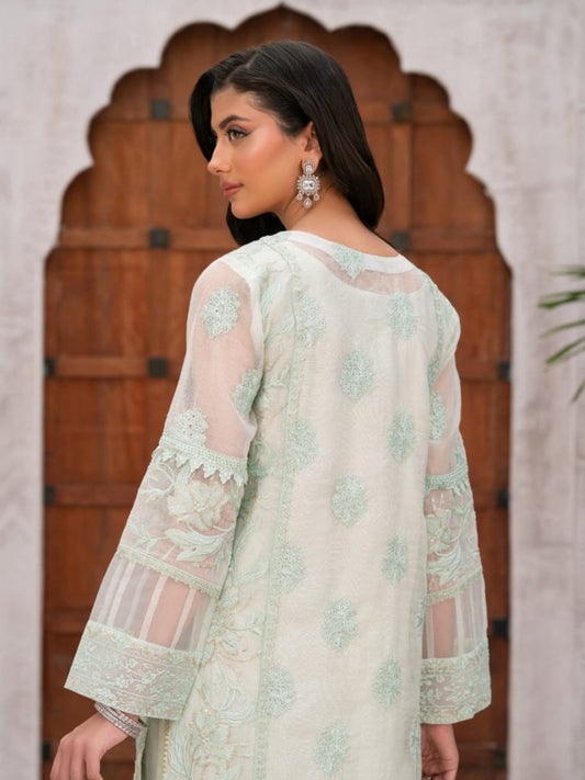 Mint Green Manahil Arts Khaddi Net Embellished Stitched 3-Piece Suit-Mint Mist