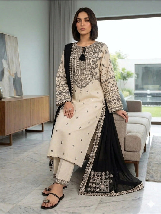 White Pyara Jora Lawn Embroidered Stitched 3-Piece Suit-White lime