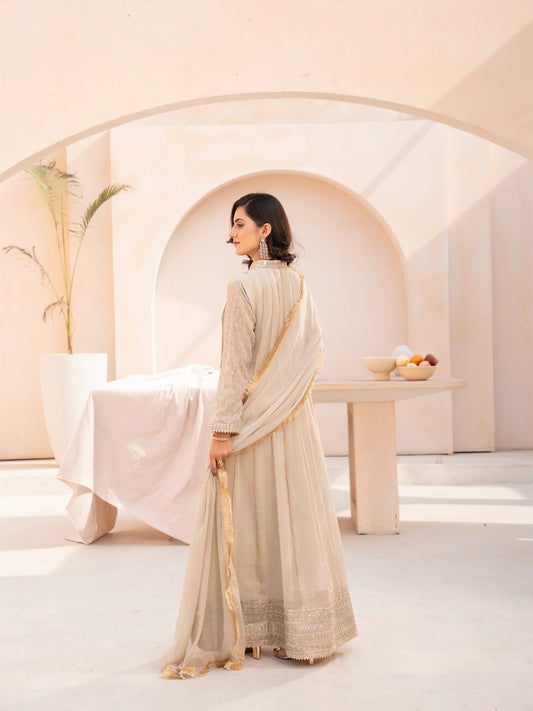 Beige Manahil Arts Chiffon Embroidered Stitched 3-Piece Suit-Maxi-106-Beige