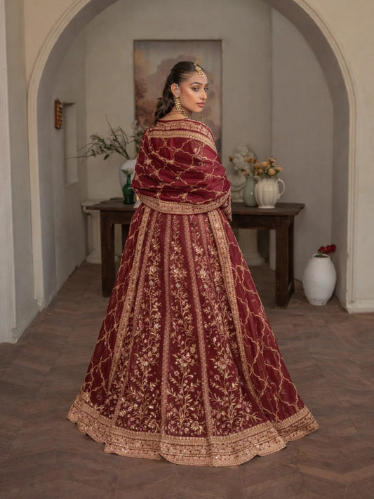 Maroon Manahil Arts Organza Embellished Stitched 3-Piece Lehnga-Luxury-001-Maroon