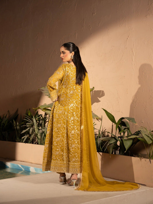 Mustard Yellow-Manahil Arts Chiffon Embellished Maxi-K-197-Mustard