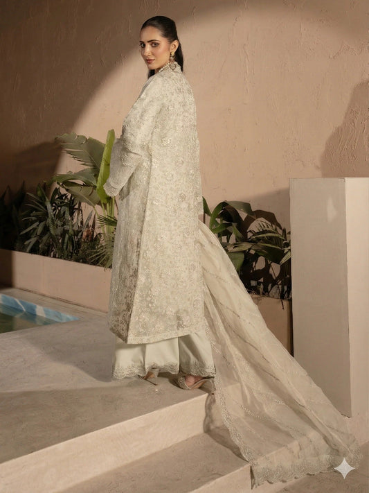 Manahil Arts Crepe Embellished Stitched 4-Piece Suit-Style Code:198-Off White