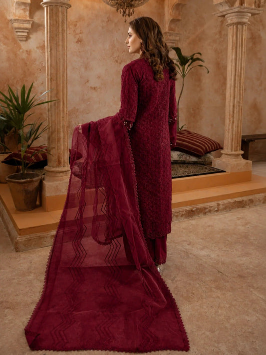 MaroonManahil Arts Organza Embellished Stitched 4-Piece Suit-Style code :181-Maroon