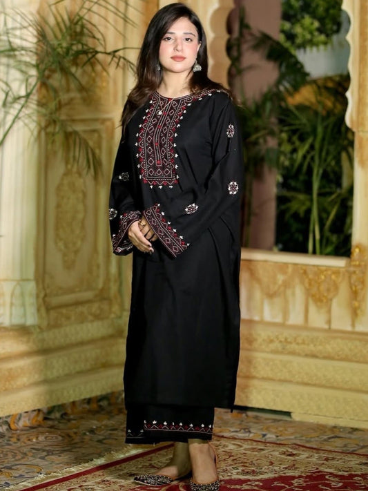 Black Pyara Jora Linen Embroidered Stitched 2-Piece Suit-Mid Night Embroidered Set