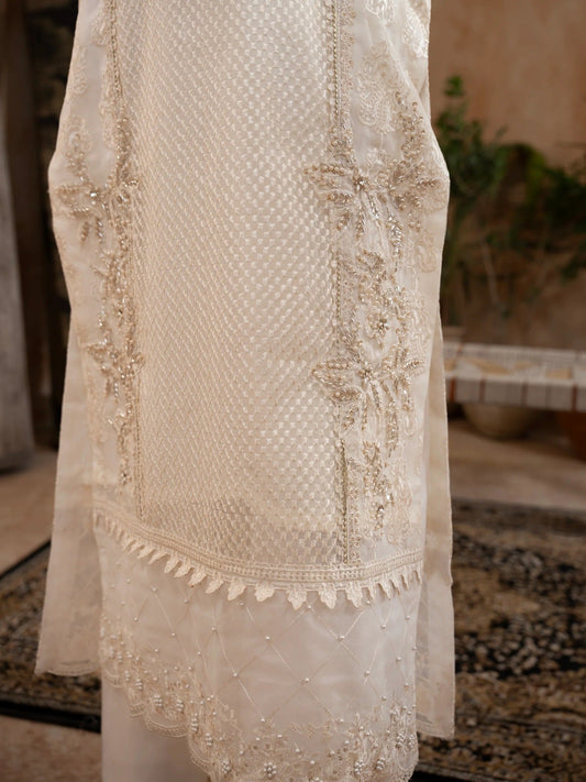 White Manahil Arts Organza Embellished Stitched 3-Piece Suit-Style code :182-Off White