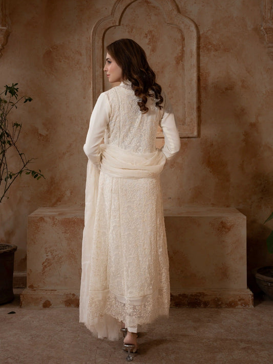 Manahil Arts Chiffon Embroidered Stitched 3-Piece Suit-K-113-Off White