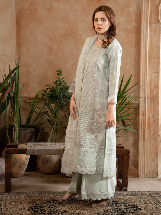 Green Manahil Arts Organza Embellished Stitched 3-Piece Suit-182-Pastel Green