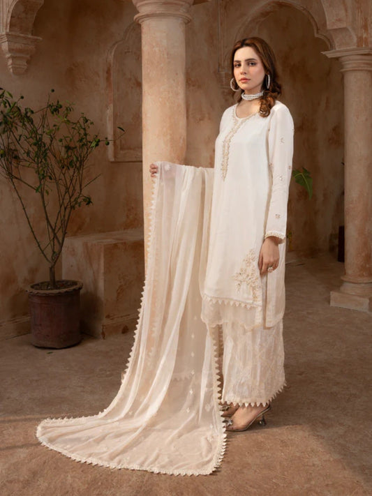 Cream Manahil Arts Raw Silk Embellished Stitched 3-Piece Suit-186-Off White