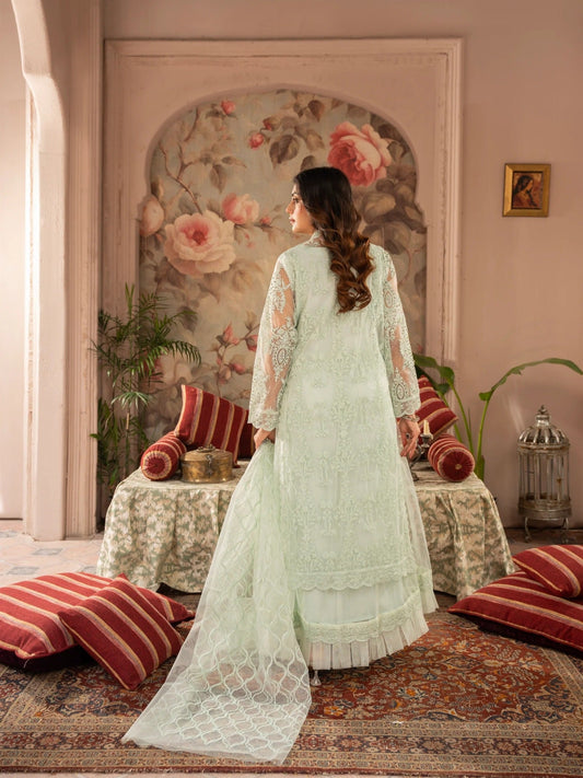 Manahil Arts Net Embellished Stitched 4-Piece Suit-K-148-Mint Green