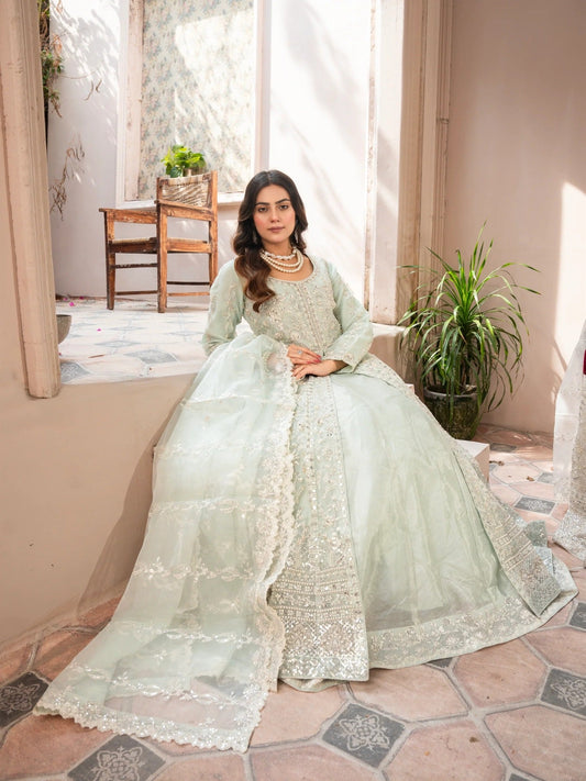 Manahil Arts Organza Embellished Stitched 3-Piece Suit-Luxury-018-Mint Green