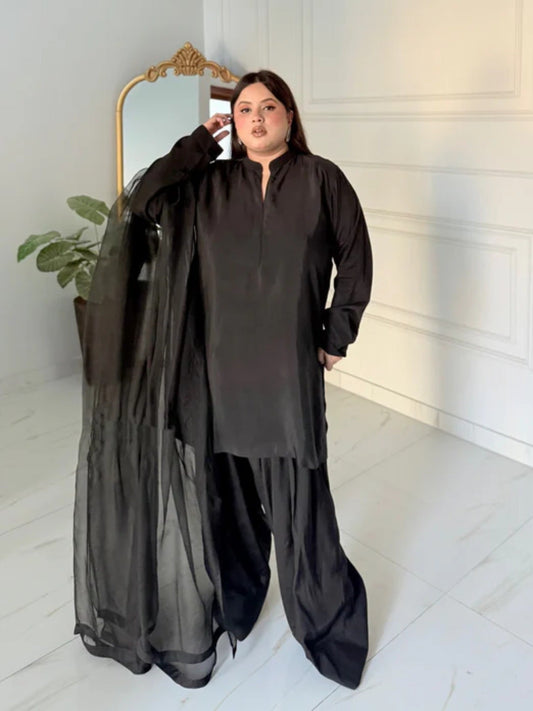 Black Manahil Arts Raw Silk Stitched 3-Piece Suit-Black Farshi Shalwar