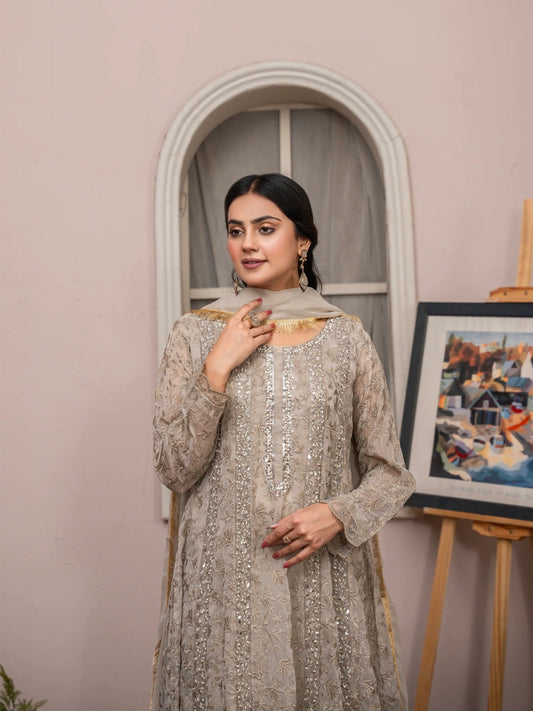 Manahil Arts Chiffon Embellished Stitched 3-Piece Suit-K-169-Camel Brown