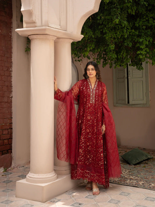 Maroon Manahil Arts Organza Embellished Stitched 3-Piece Suit-K-151-Maroon