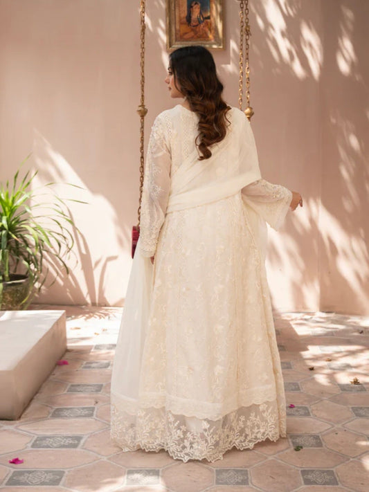 Cream-Manahil Arts Khaddi Net Embellished Maxi-K-160-Off White