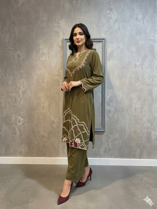 Olive Manahil Arts Imported Micro 9000 Velvet Embroidered Stitched 2-Piece Suit-Olive Velvet