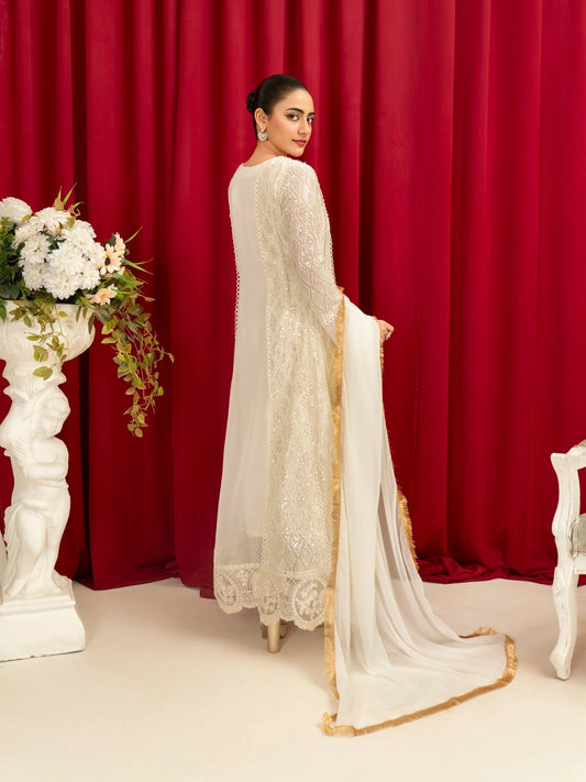 Manahil Arts Chiffon Embellished Stitched 3-Piece Suit-K-136-Off White