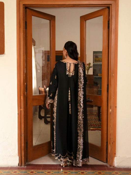 Black Haleema Sadia Sheesha Silk Embellished Stitched 3-Piece Suit-Ziya