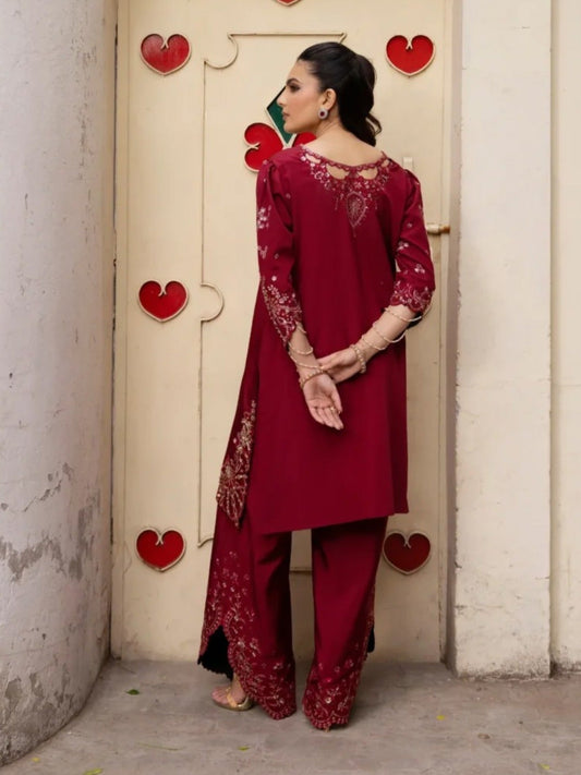 Maroon-Haleema Sadia Sheesha Silk Embellished Stitched 3-Piece Suit-Elara