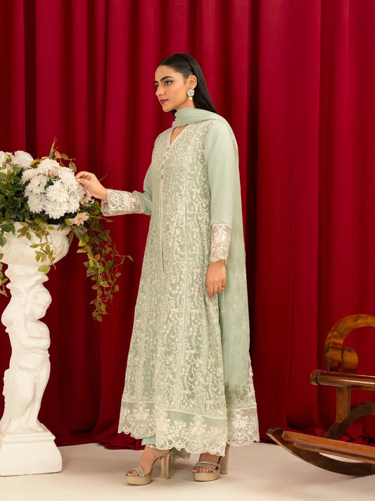 Mint Green Manahil Arts Chiffon Embroidered Stitched 3-Piece Suit-K-113-Mint Green