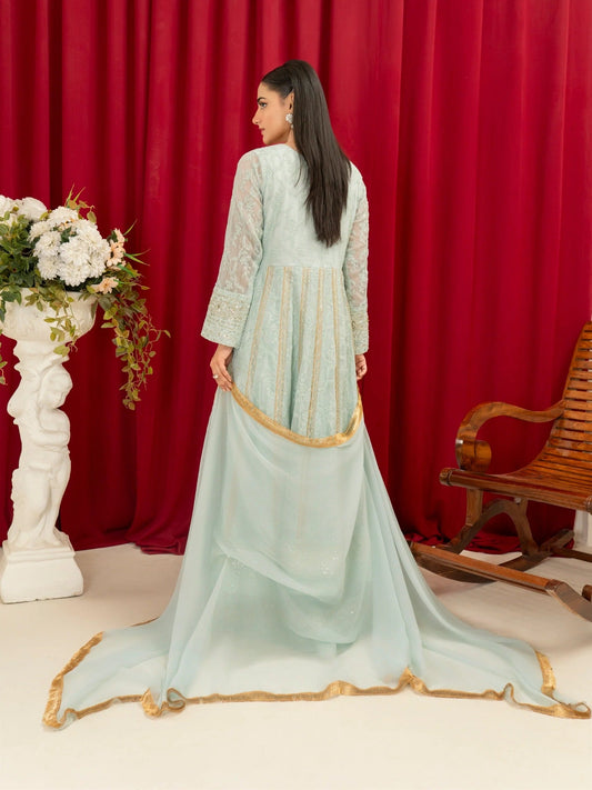 Blue Manahil Arts Chiffon Embellished Stitched 3-Piece Suit-B-007-Ice Blue