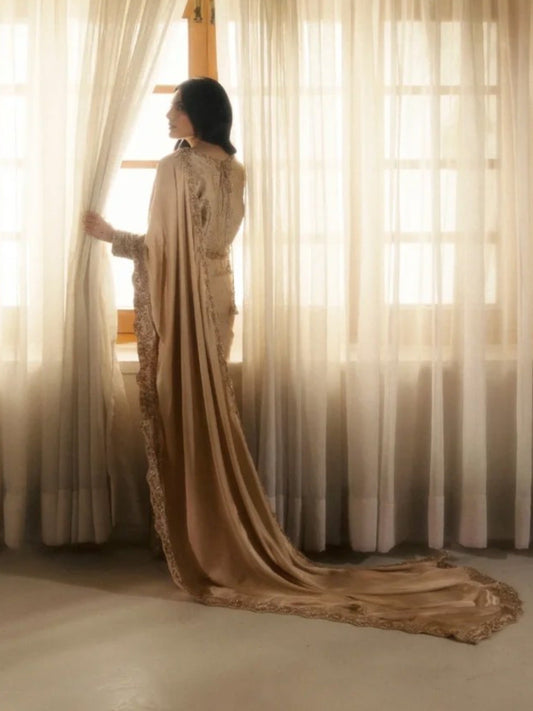 Champagne-Haleema Sadia Shamooz Silk Embellished Saree-Inara