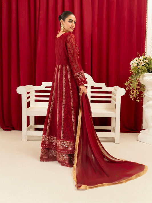 Manahil Arts Chiffon Embellished Stitched 3-Piece Suit-B-007-Maroon
