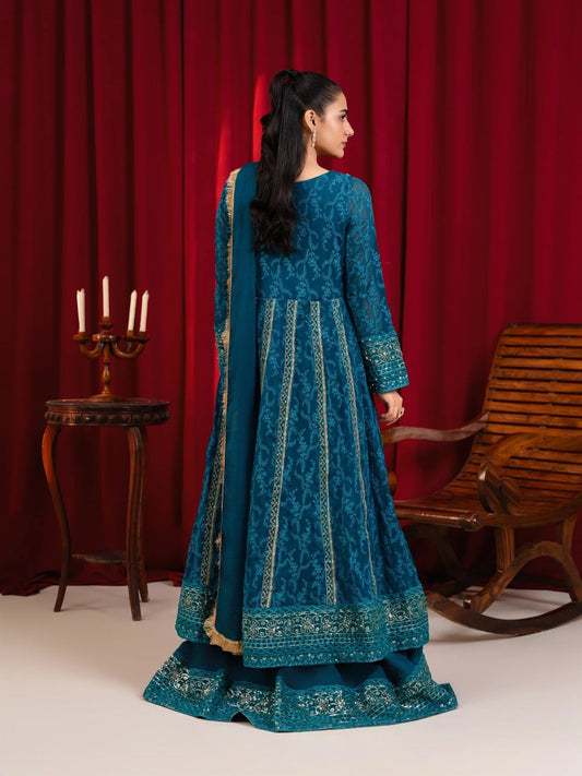 Manahil Arts Chiffon Embellished Stitched 3-Piece Suit-B-007-Teal