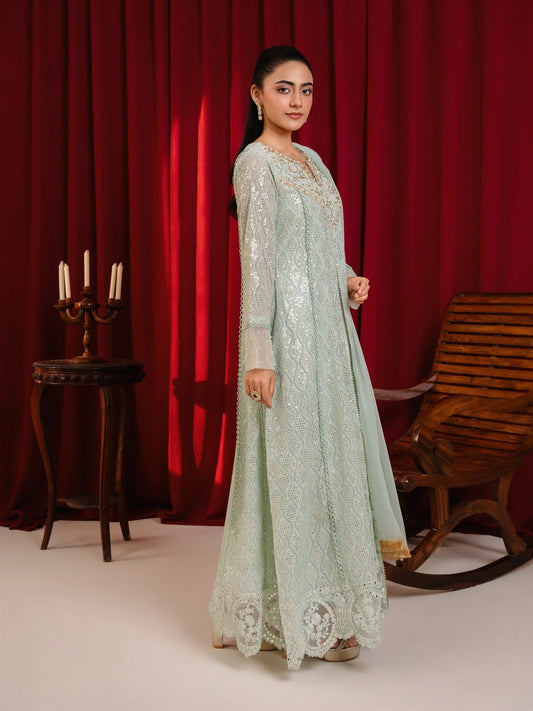 Manahil Arts Chiffon Embellished Stitched 3-Piece Suit-K-136-Mint Green