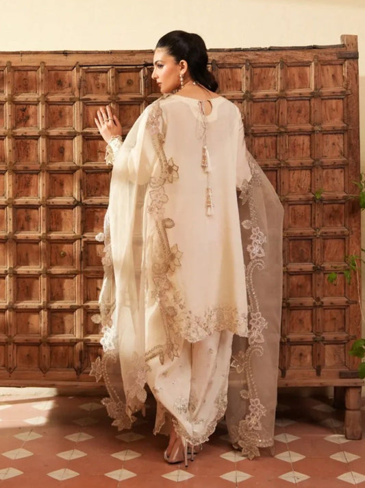 Ivory-Haleema Sadia Sheesha Silk Embellished Stitched 3-Piece Suit-Ivora