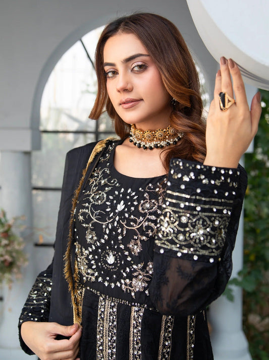 Black Manahil Arts Chiffon Embroidered Maxi-B-007-Black