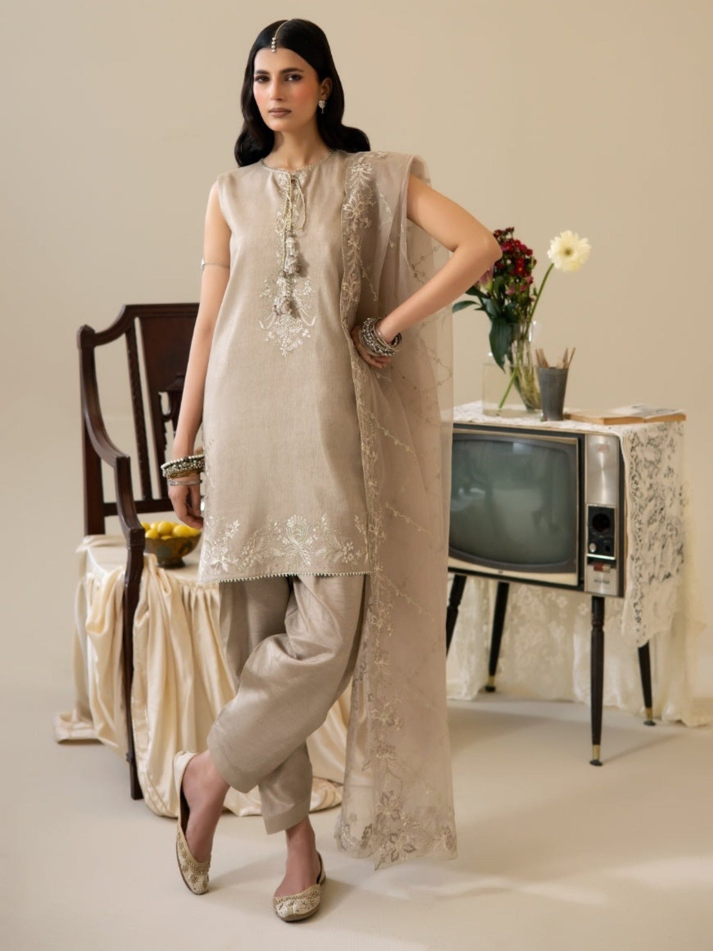 Beige Enzo Lune Des Fleurs Korean Raw Silk Embroidered Unstitched 3-Piece Suit-Izel